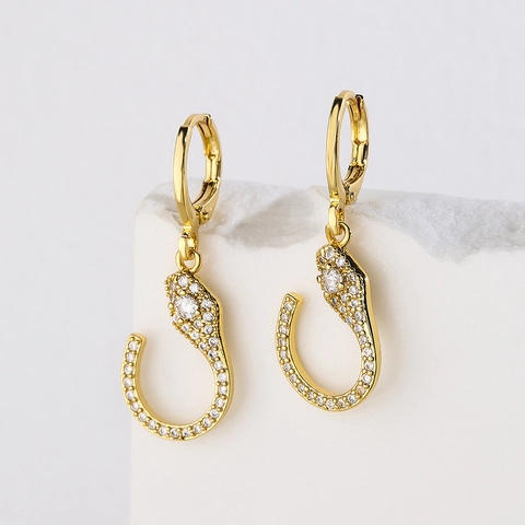 Snake Hoop Earrings Copper 18K Gold Plated With Cubic Zirconia Dangle Animal Motif Trendy Jewelry For Women