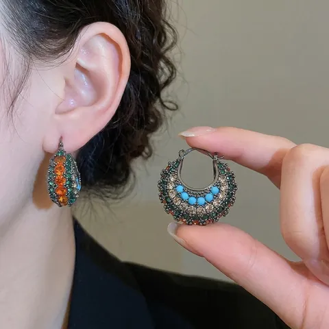 Vintage Multi Kleur Zirkonia Koperen Oorbellen Met Zilveren Oorsteker Etnische Boheemse Stijl Sieraden Voor Dames
