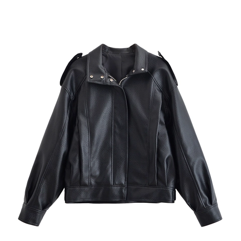 Chaqueta De Cuero Sintético Para Mujer PU Moto Biker Abrigo Textura Lichi Cremallera Punk Streetwear Negro