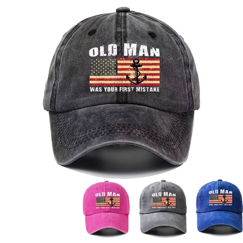 Cappello Da Baseball In Cotone Lavato Retro Regolabile Con Stampa Bandiera Americana E Ancora Slogan Old Man