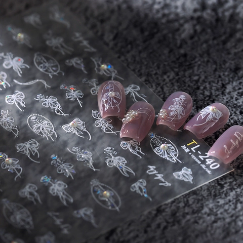 Pegatinas De Arte De Uñas En Relieve 5D Línea Blanca Relieve 3D Lazo Rosa Flor Perla Artificial Decoración De Manicura DIY Elegantes