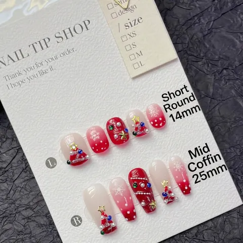Faux Ongles Faits Main Dégradé Rouge Blanc Arbre De Noël Strass Künstliche Perle Flocon De Neige Étoile Fête De Vacances D'hiver