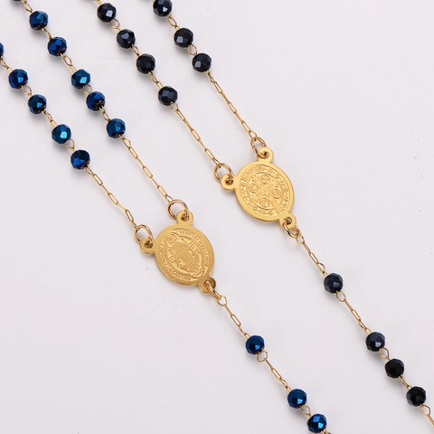 Vintage Rozenkrans Ketting Sint Benedictus Medaille Kruis Hanger 304 Roestvrij Staal Kristallen Kralen 18K Verguld Dames