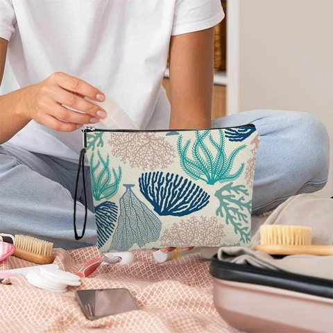 Borsa Da Trucco Con Stampa Corallo E Stella Marina Pochette Per Cosmetici In Lino Fine Con Cerniera E Cinturino Da Polso