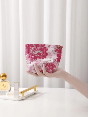 Bolsa De Cosméticos Jacquard Floral Rosa Vintage Neceser De Maquillaje Cremallera Organizador Portátil Para Mujeres