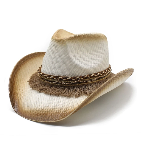 Western Cowboy Straw Hat Vintage Wide Brim Paper Straw Hat With Tassel Fringe Chain Decoration Beach Vacation Sun Hat