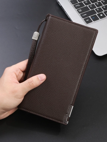 Lange Herren Geldbörse PU Leder Litschi Muster Reißverschluss Business Clutch Mit Handschlaufe Mehrere Kartenfächer