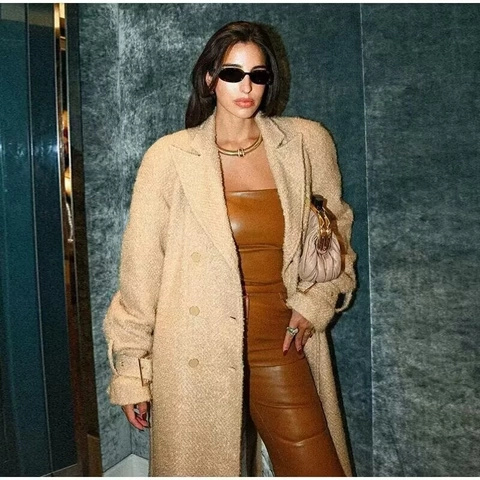 Manteau Long Femme Élégant En Laine D'agneau Double Boutonnage Coupe Cintrée Avec Ceinture Veste D'hiver Style Ins