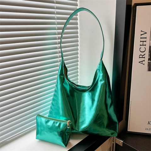 Borsa Tote In Pelle PU Lucida Metallica E Mini Pochette Grande Capacità Borsa A Spalla Minimalista Urbana Donne
