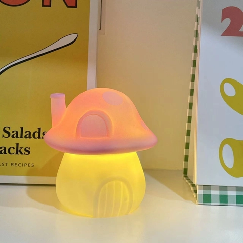 Mushroom House Night Light Cute Cartoon LED Table Lamp Vinyl Soft Warm Glow Bedside Desktop Decor Kids Gift