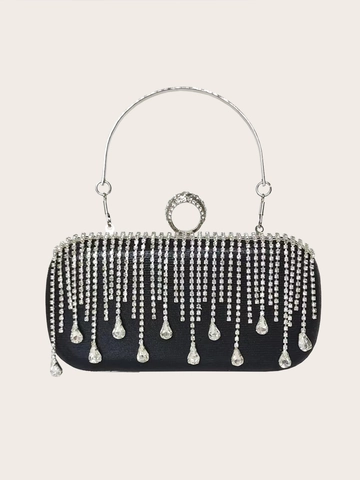 Rhinestone Evening Clutch Bag For Women Wedding Party Hard Shell Handbag With Tassel And Metal Ring Handle Chain Strap