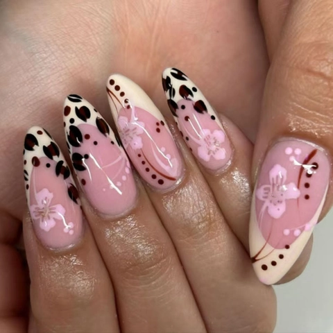 Uñas Postizas Press On Almendra Largas Flores De Melocoton Leopardo Estilo Frances Elegante Para Mujeres