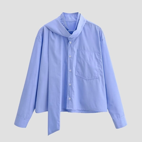 Camisa De Mujer De Manga Larga Con Lazo En El Cuello Color Sólido Poliéster Blusa Con Bolsillo En El Pecho Elegante