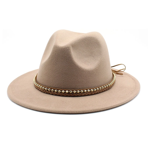 Retro Fedora Hat Wide Flat Brim Woolen Style Cotton Polyester With Woven Band Gold Beads Chain Vintage Jazz Hat For Women