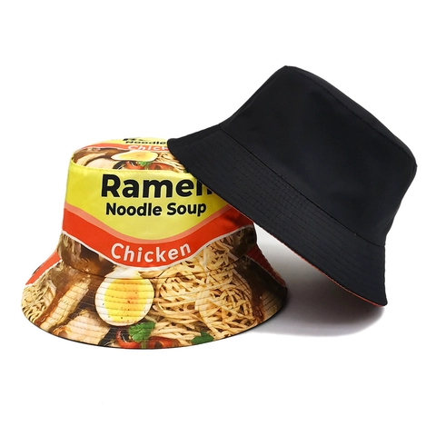 Bob Créatif Ramen Noodle Soup Polyester Réversible Protection Solaire Impression Numérique Amusante Voyage Extérieur Unisexe