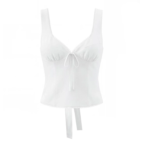 Women V Neck Tank Top Lace Trim Bowtie Slim Fit Cropped Cami Back Zipper Cotton Blend Streetwear