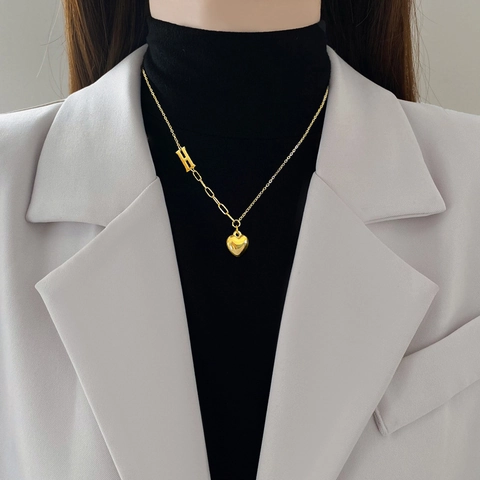 Collar Colgante Acero Titanio Corazón Y Letra H Cadena Mixta Asimétrica Joyería Minimalista Para Mujer