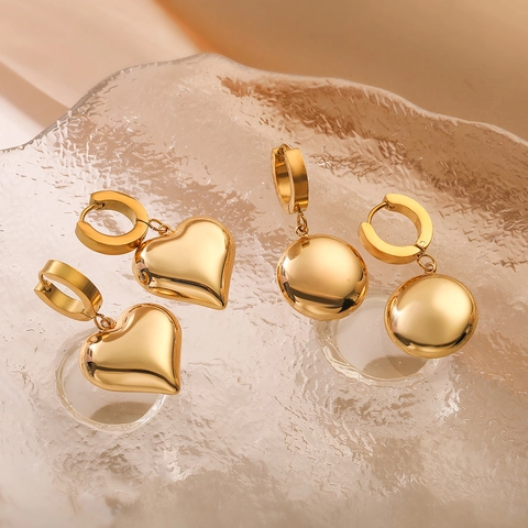 Minimalist Stainless Steel Gold Plated Heart Star Round Drop Earrings For Women Fashion Geometric Polished Jewelry Accessory