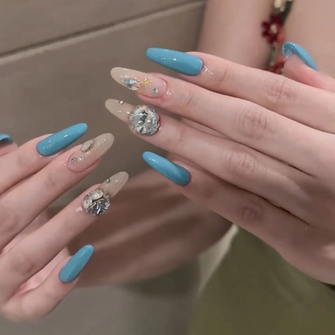 Unghie Finte A Mandorla Lunghe Blu Oceano Strass Scintillanti Unghie Artificiali Lusso Elegante