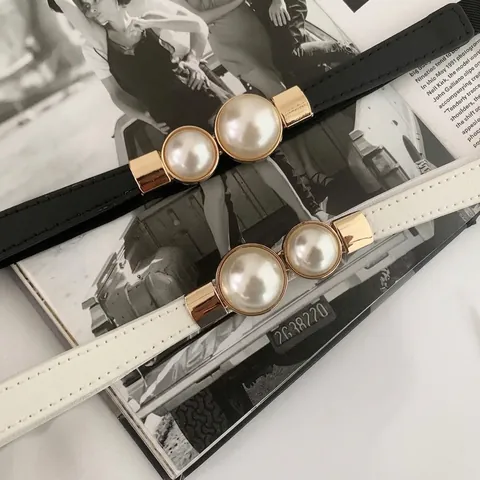 Cintura Sottile Da Donna Perla Artificiale Fibbia In Metallo Elegante Elastica Decorativa Per Abiti Cappotti