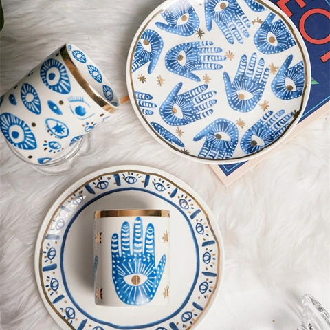 Ceramic Evil Eye Hamsa Hand Tableware Mug Plate Storage Jar Reinforced Porcelain Gold Rim Bohemian Novelty Decor