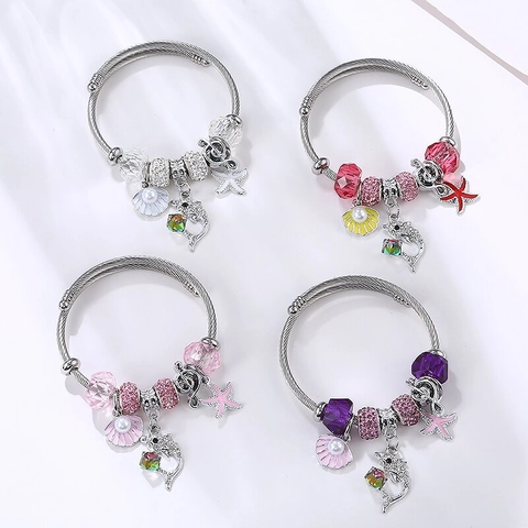 Ocean Charm Bracelet Stainless Steel Wire Dolphin Starfish Shell Artificial Pearl Crystal Beads Adjustable Bohemian Jewelry Women