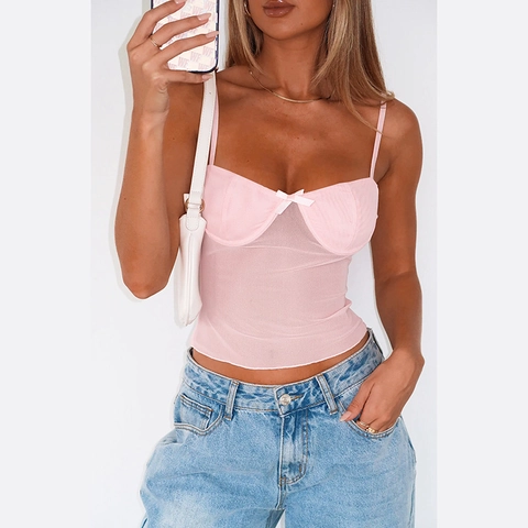 Mesh Camisole Korsett Top Rosa Slim Fit Spaghettiträger Schleife Detail Bustier Crop Top Sexy Y2K Stil Für Damen