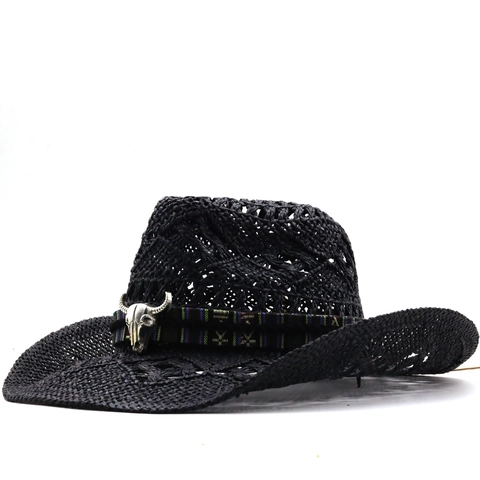 Cappello Da Cowboy In Paglia Intreccio Cavo Traspirante Cappello Da Sole Estivo Con Fascia Etnica Decoro Teschio Di Toro