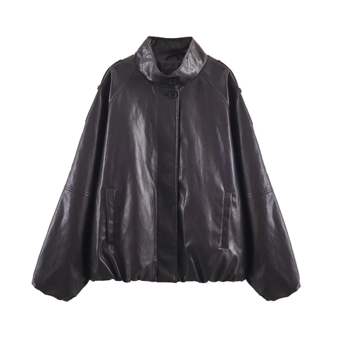 Faux Leather Jacket Women Stand Collar PU Moto Coat Long Sleeve Streetwear Vintage Outerwear Zip Up