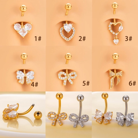 Belly Button Ring Stainless Steel Heart Bow Cubic Zirconia Dangle Navel Piercing Body Jewelry For Women