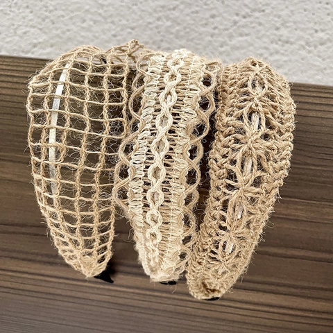 Diadema De Punto Tejida Retro Yute Lino Hueca Ancha Elástica Cinta Para El Pelo Elegantes Accesorios Para Mujeres