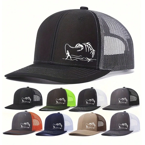 Men Trucker Hat Mesh Back Breathable Baseball Cap Outdoor Fishing Fish Bone Print Adjustable Sun Protection Curved Brim