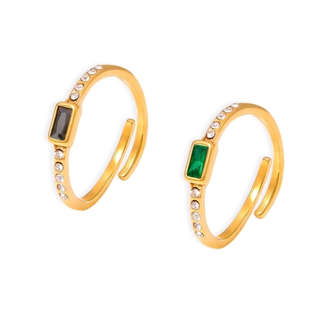 Adjustable Open Ring Titanium Steel 18K Gold Plated Rectangular Glass Stone Zircon Geometric Fashion Jewelry For Women