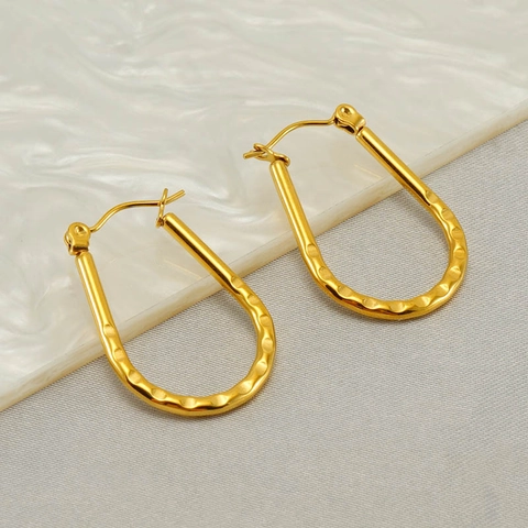 Stainless Steel Hammered U-Shaped Hoop Earrings French Vintage Style Retro Elegant Jewelry For Women Gold Color