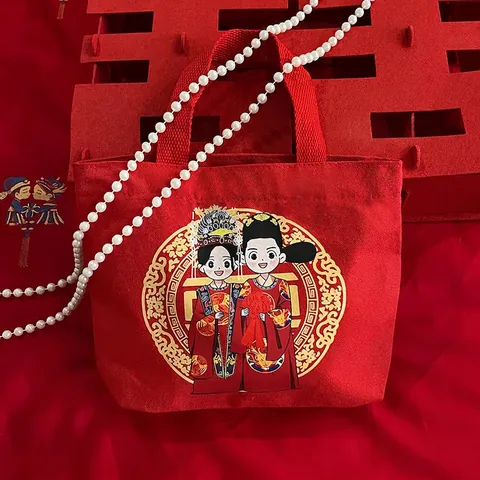 Bolso De Lona Rojo Tema Boda Dibujos Animados Regalo Favor Bolsa Para Novia Recuerdo Fiesta Elegante