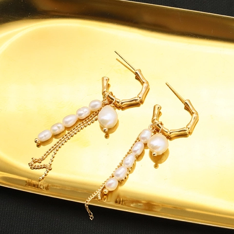 Vintage Barock Süßwasserperle Quaste Ohrringe Für Damen Gold Galvanisiert Bambus Creolen 925 Sterlingsilber Ohrstecker Schmuck