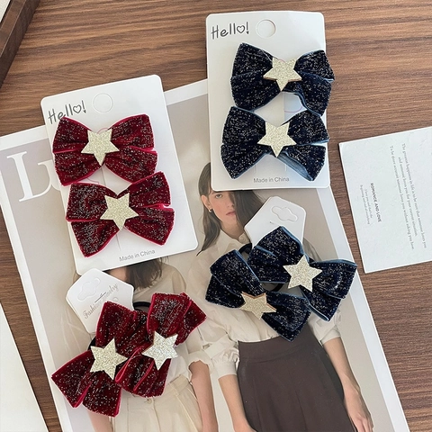 Lot De Pinces À Cheveux Et Élastiques Velours Noeud Étoile Enfants Style Coréen Accessoires Cheveux Tissu Pailleté Filles