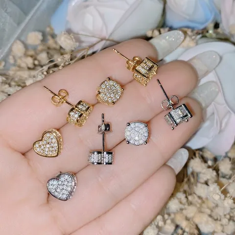 CZ Micro Pave Stud Earrings 18K Gold Plated Copper Heart Round Geometric Sparkling Fashion Jewelry For Women Men