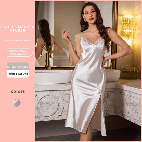 Sexy Damen Nachthemd Satin Spitze Spaghettiträger Rückenfrei V-Ausschnitt Hoher Schlitz Elegante Nachtwäsche