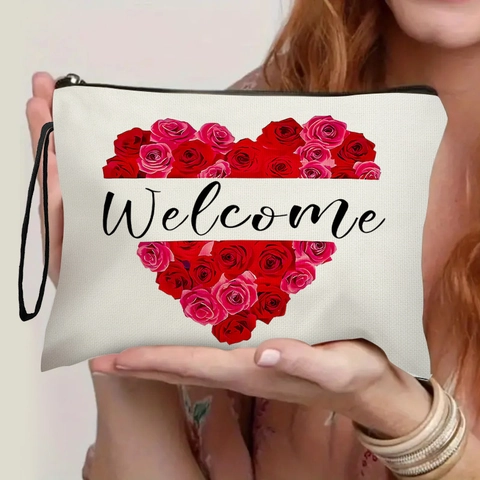Heart Rose Print Makeup Bag Linen Cosmetic Pouch With Zipper And Hand Strap Travel Toiletry Organizer For Women