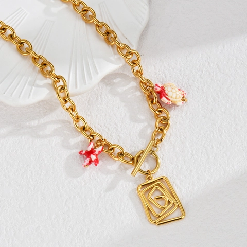 Starfish Turtle Pendant Necklace 18K Gold Plated Stainless Steel Geometric Spiral Toggle Clasp Trendy Streetwear Jewelry