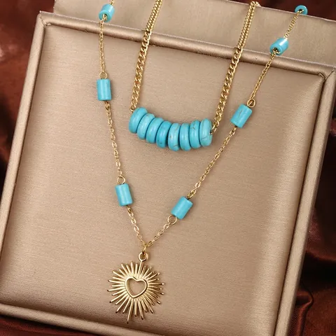 Collar De Doble Capa Bohemio Acero Inoxidable Chapado En Oro Turquesa Sintética Corazón Sol Cruz Colgante Para Mujer