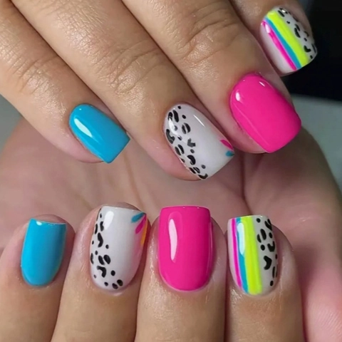 Press On Nails Glossy Leopard Print Colorful Stripes Square Round Artificial False Nails For Women