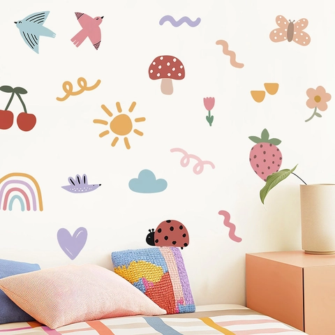 Adesivi Murali Arcobaleno Cartoni Animati PVC Autoadesivi Sole Fragola Fungo Decorazione Camera Bambini Stile Nordico