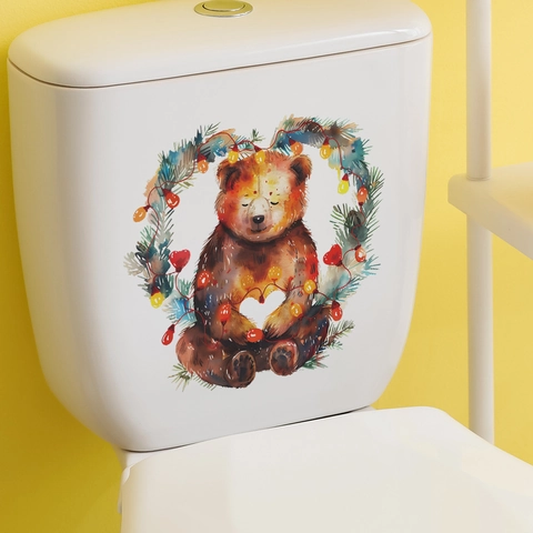 Christmas Bear Heart Toilet Sticker Removable PVC Decal Bathroom Decor Festive Watercolor Style Home Holiday Accessory
