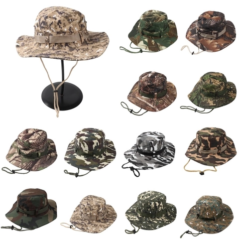 Camouflage Boonie Hut Breite Krempe Sonnenschutz Taktische Fischerkappe Baumwolle Polyester Mit Verstellbarem Windseil Outdoor