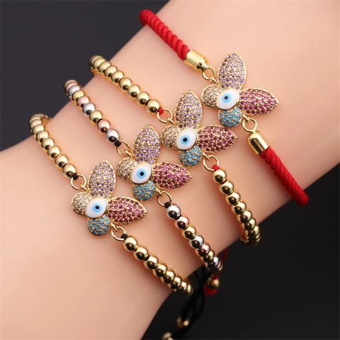 Butterfly Evil Eye Charm Bracelet Copper Cubic Zirconia Adjustable Braided Rope Handmade Fashion Jewelry Unisex Gift