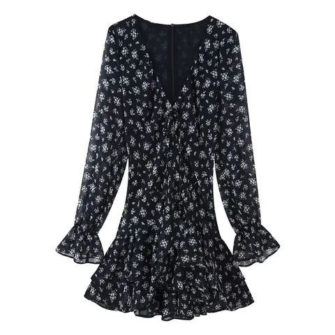 Mini Abito Chiffon Floreale Scollo A V Profondo Orlo Con Volant Maniche A Campana Retro Stile Francese Elegante Vita Alta Per Donna