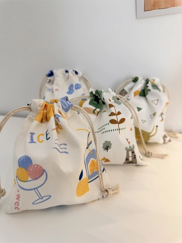 Canvas Drawstring Pouch Bag Portable Storage Small Cartoon Print For Jewelry Makeup Earphone Accessories Travel