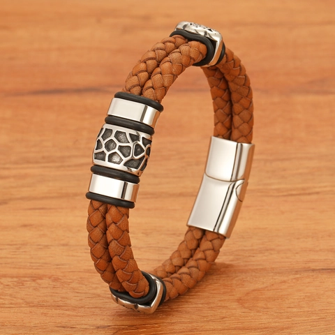 Men's Vintage Double Layer Woven Leather Bracelet With Titanium Steel Magnetic Clasp Geometric Accessories Jewelry